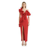 Ruffled V-Neck Slit Party Evening Dress